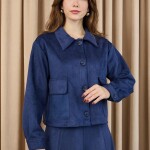 14397 Puane Süet Kumaş Düğmeli Etekli Takım-LACİVERT