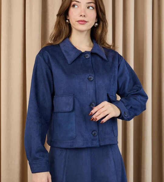 14397 Puane Süet Kumaş Düğmeli Etekli Takım-LACİVERT