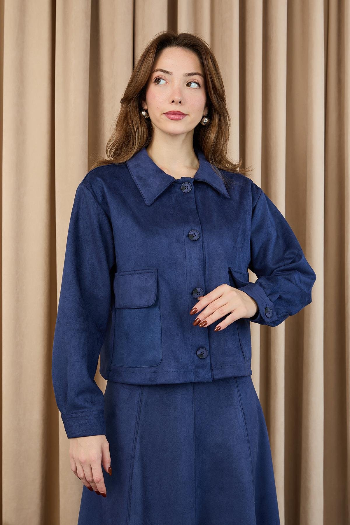 14397 Puane Süet Kumaş Düğmeli Etekli Takım-LACİVERT