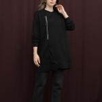 10735 Puane 2 İp Kumaş Fermuar Detaylı Sweatshirt-SİYAH