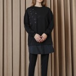 10739 Puane 2 İp Kumaş Taş ve Nakışlı Detaylı Sweatshirt-SİYAH