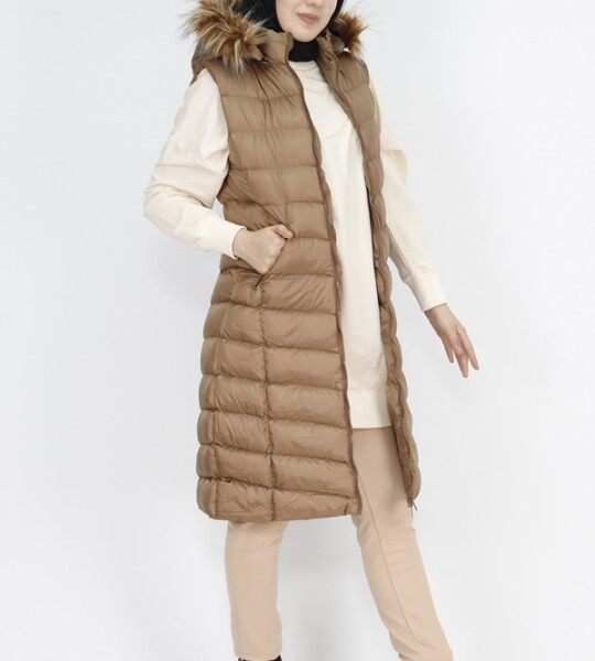 1026 Jessica Kumaş Cep Fermuarlı Dolum Şişme Yelek-CAMEL