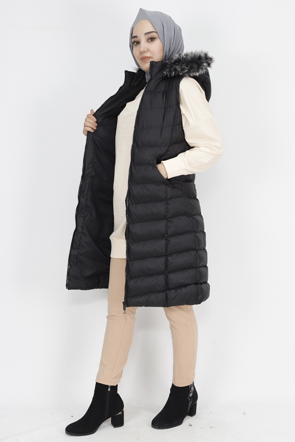 1026 Jessica Kumaş Cep Fermuarlı Dolum Şişme Yelek-SİYAH