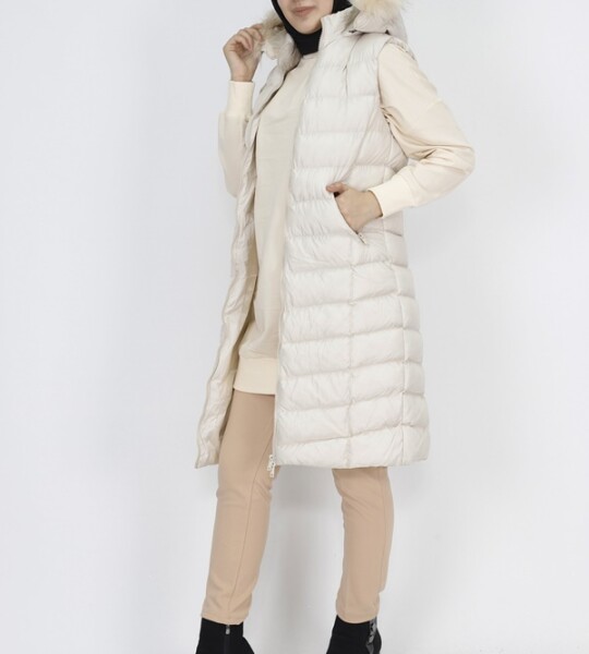 1026 Jessica Kumaş Cep Fermuarlı Dolum Şişme Yelek-TAŞ