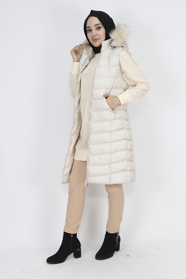 1026 Jessica Kumaş Cep Fermuarlı Dolum Şişme Yelek-TAŞ