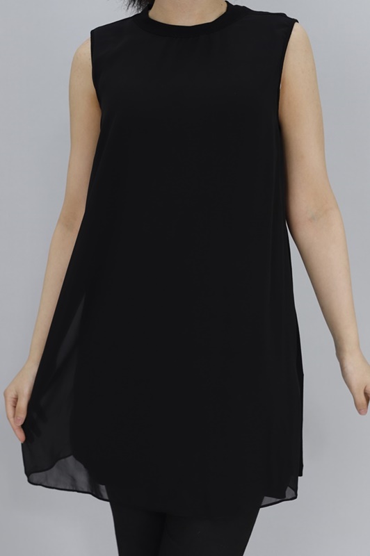 10270 Puane Şifon Kumaş Detaylı Kolsuz Penye İçlik-SİYAH