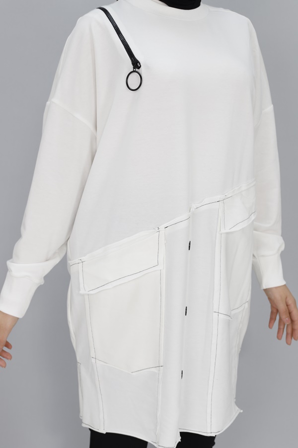 10412 Puane Fermuar ve Cep Detaylı İki İplik Sweatshirt-EKRU