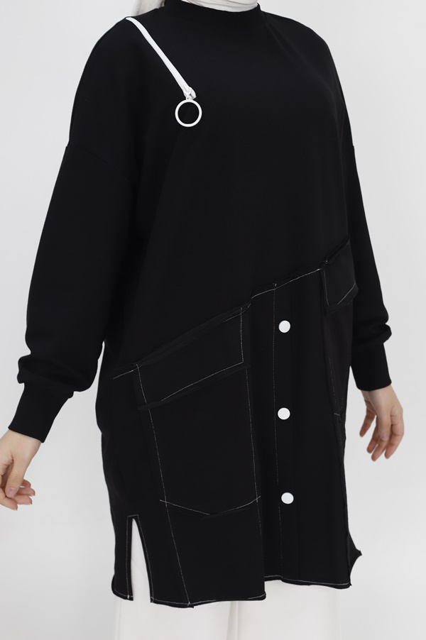 10412 Puane Fermuar ve Cep Detaylı İki İplik Sweatshirt-SİYAH