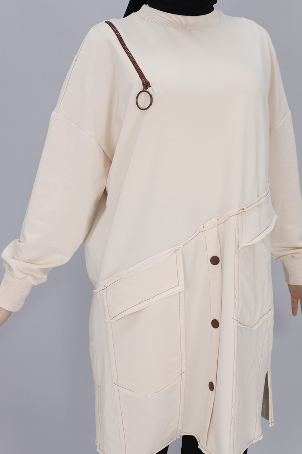 10412 Puane Fermuar ve Cep Detaylı İki İplik Sweatshirt-TAŞ