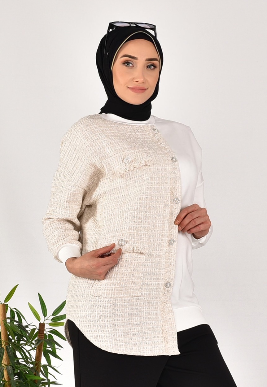10550 PUANE İKİ İPLİK KUMAŞ ÖRGÜ DETAYLI SWEATSHIRT-EKRU