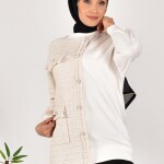 10550 PUANE İKİ İPLİK KUMAŞ ÖRGÜ DETAYLI SWEATSHIRT-EKRU