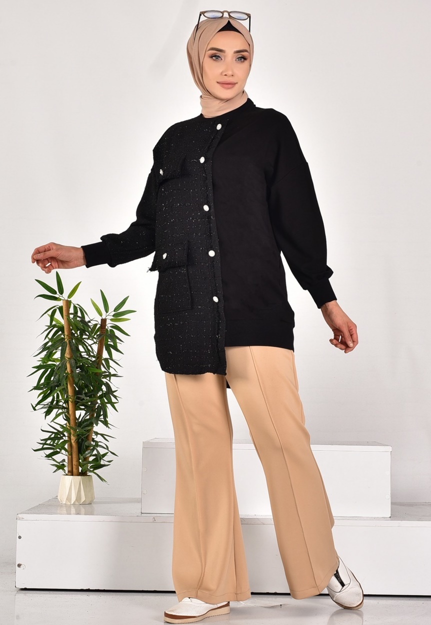 10550 PUANE İKİ İPLİK KUMAŞ ÖRGÜ DETAYLI SWEATSHIRT-SİYAH