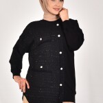 10550 PUANE İKİ İPLİK KUMAŞ ÖRGÜ DETAYLI SWEATSHIRT-SİYAH