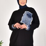 10566 PUANE İKİ İPLİK KUMAŞ KOT KUMAŞ GARNİLİ SWEATSHIRT-SİYAH