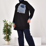 10566 PUANE İKİ İPLİK KUMAŞ KOT KUMAŞ GARNİLİ SWEATSHIRT-SİYAH