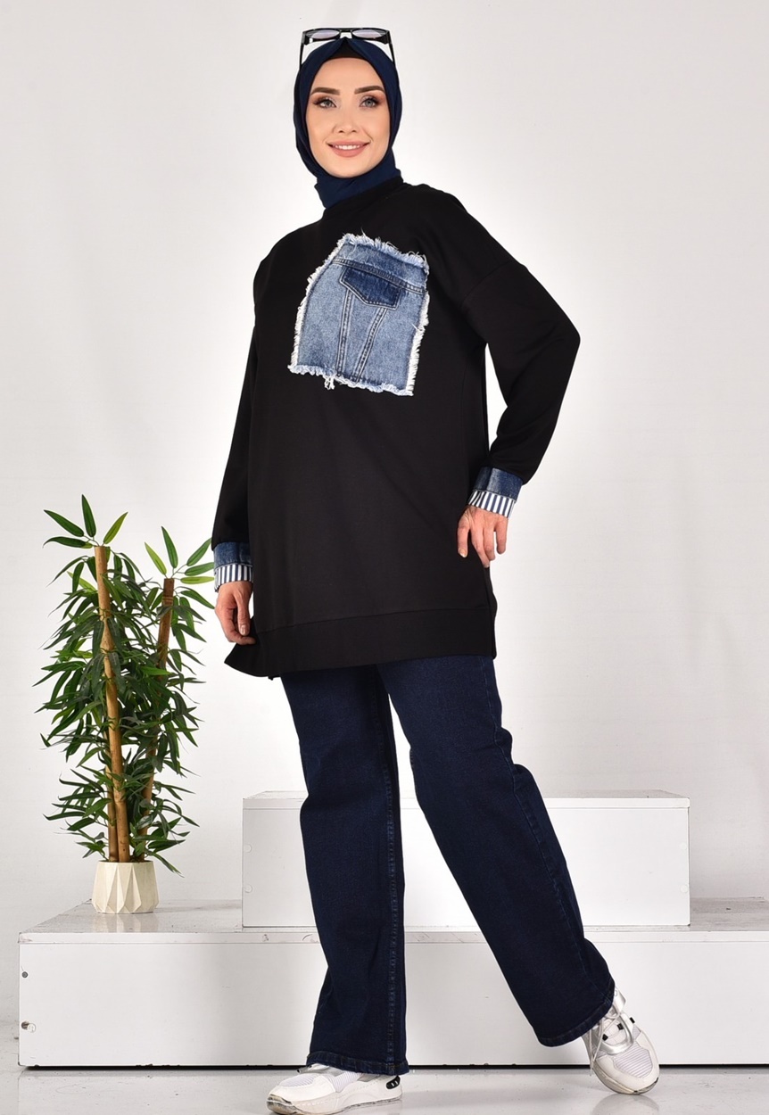 10566 PUANE İKİ İPLİK KUMAŞ KOT KUMAŞ GARNİLİ SWEATSHIRT-SİYAH