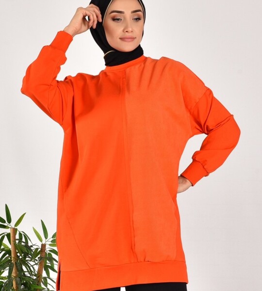 10569 PUANE İKİ İPLİK KUMAŞ ÇİZGİLİ KUMAŞ GARNİLİ SWEATSHIRT-ORANJ