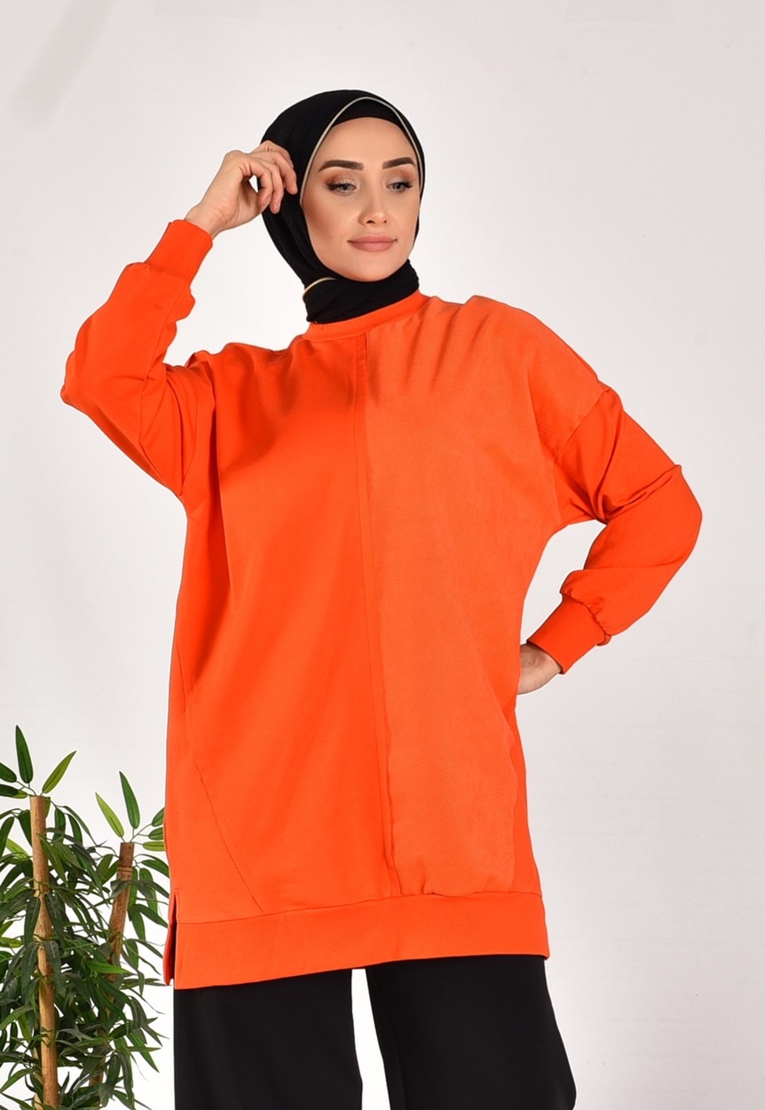 10569 PUANE İKİ İPLİK KUMAŞ ÇİZGİLİ KUMAŞ GARNİLİ SWEATSHIRT-ORANJ