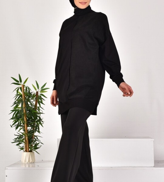 10569 PUANE İKİ İPLİK KUMAŞ ÇİZGİLİ KUMAŞ GARNİLİ SWEATSHIRT-SİYAH