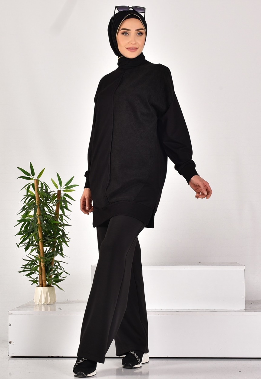 10569 PUANE İKİ İPLİK KUMAŞ ÇİZGİLİ KUMAŞ GARNİLİ SWEATSHIRT-SİYAH