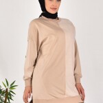 10569 PUANE İKİ İPLİK KUMAŞ ÇİZGİLİ KUMAŞ GARNİLİ SWEATSHIRT-TAŞ