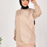 10569 PUANE İKİ İPLİK KUMAŞ ÇİZGİLİ KUMAŞ GARNİLİ SWEATSHIRT-TAŞ