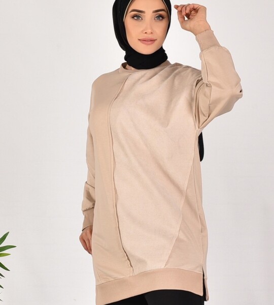 10569 PUANE İKİ İPLİK KUMAŞ ÇİZGİLİ KUMAŞ GARNİLİ SWEATSHIRT-TAŞ