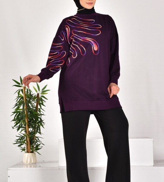 10583 PUANE İKİ İPLİK KUMAŞ ÖRGÜ DESENLİ SWEATSHIRT-MOR