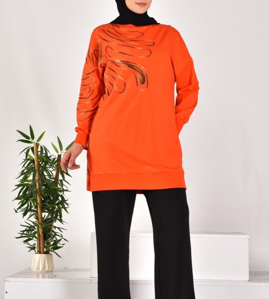 10583 PUANE İKİ İPLİK KUMAŞ ÖRGÜ DESENLİ SWEATSHIRT-ORANJ