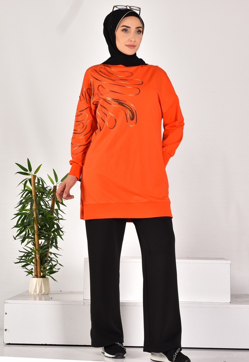 10583 PUANE İKİ İPLİK KUMAŞ ÖRGÜ DESENLİ SWEATSHIRT-ORANJ