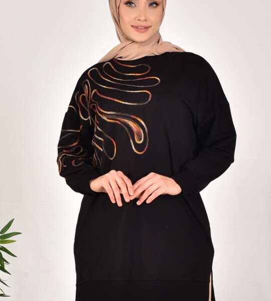 10583 PUANE İKİ İPLİK KUMAŞ ÖRGÜ DESENLİ SWEATSHIRT-SİYAH