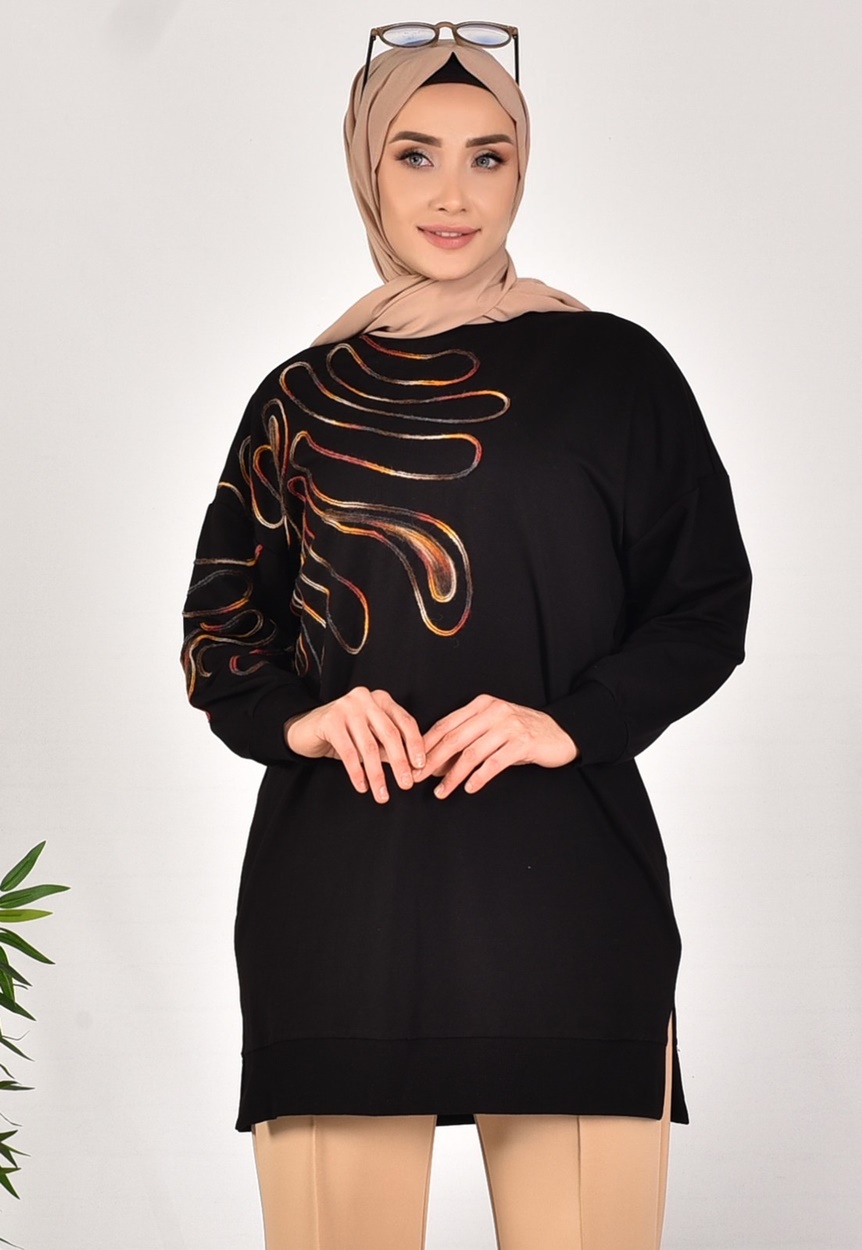 10583 PUANE İKİ İPLİK KUMAŞ ÖRGÜ DESENLİ SWEATSHIRT-SİYAH