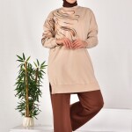10583 PUANE İKİ İPLİK KUMAŞ ÖRGÜ DESENLİ SWEATSHIRT-TAŞ