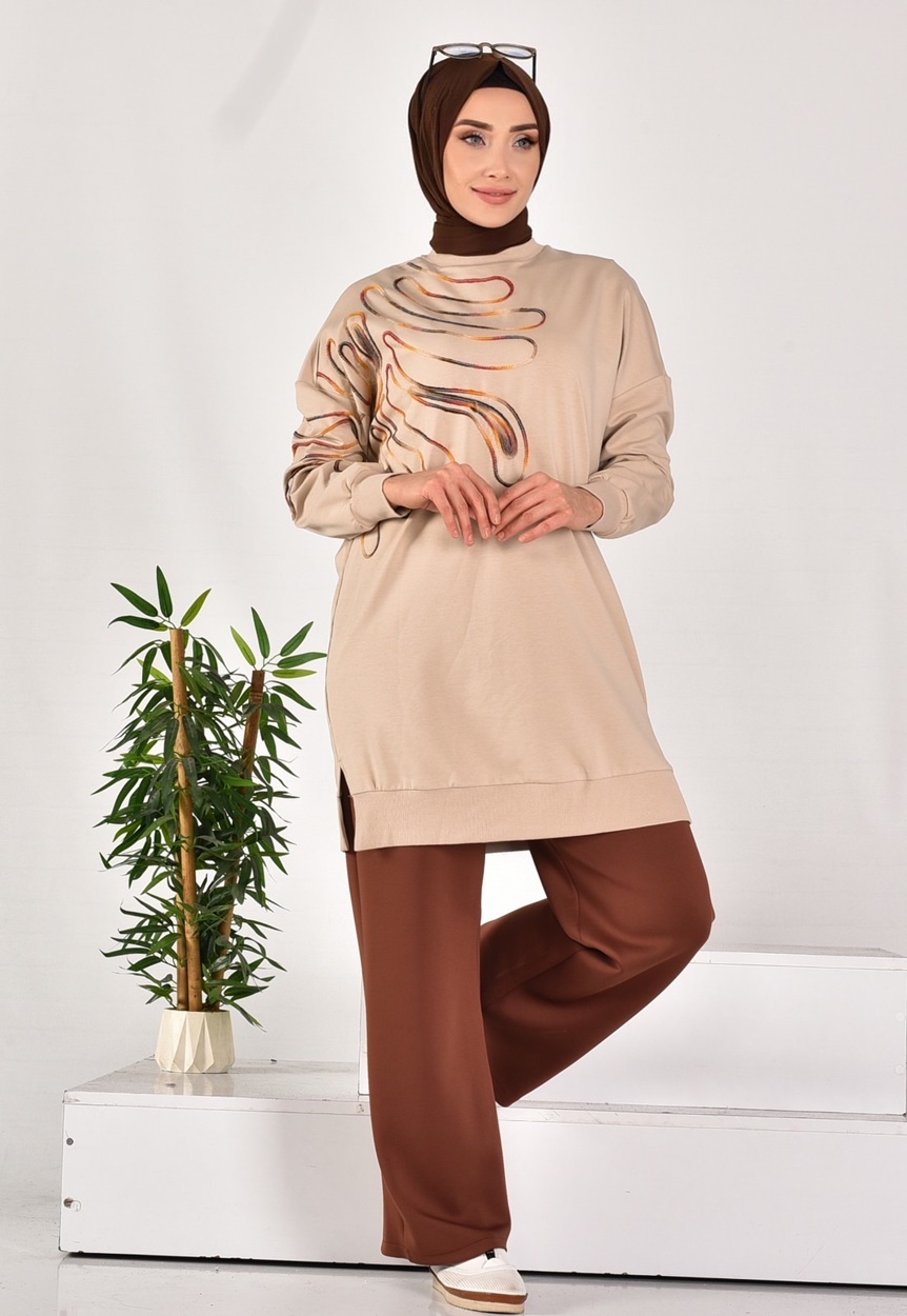 10583 PUANE İKİ İPLİK KUMAŞ ÖRGÜ DESENLİ SWEATSHIRT-TAŞ