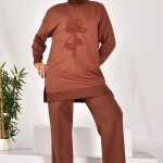 10584 PUANE İKİ İPLİK KUMAŞ İNCİLİ VE NAKIŞLI SWEATSHIRT-KAHVE
