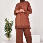 10584 PUANE İKİ İPLİK KUMAŞ İNCİLİ VE NAKIŞLI SWEATSHIRT-KAHVE