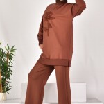 10584 PUANE İKİ İPLİK KUMAŞ İNCİLİ VE NAKIŞLI SWEATSHIRT-KAHVE