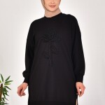10584 PUANE İKİ İPLİK KUMAŞ İNCİLİ VE NAKIŞLI SWEATSHIRT-SİYAH