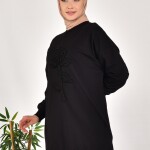10584 PUANE İKİ İPLİK KUMAŞ İNCİLİ VE NAKIŞLI SWEATSHIRT-SİYAH