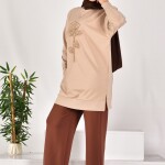 10584 PUANE İKİ İPLİK KUMAŞ İNCİLİ VE NAKIŞLI SWEATSHIRT-TAŞ