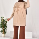 10584 PUANE İKİ İPLİK KUMAŞ İNCİLİ VE NAKIŞLI SWEATSHIRT-TAŞ