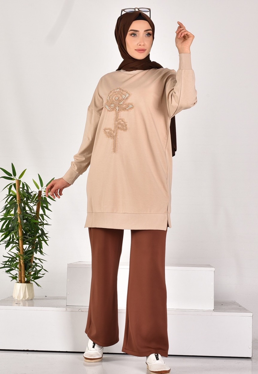 10584 PUANE İKİ İPLİK KUMAŞ İNCİLİ VE NAKIŞLI SWEATSHIRT-TAŞ