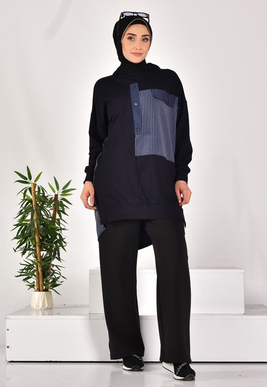 10588 PUANE İKİ İPLİK KUMAŞ DÜĞME VE KUMAŞ DETAYLI SWEATSHIRT-SİYAH