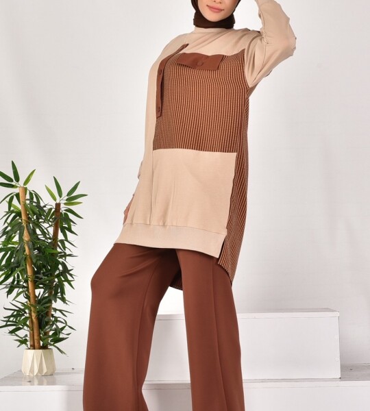 10588 PUANE İKİ İPLİK KUMAŞ DÜĞME VE KUMAŞ DETAYLI SWEATSHIRT-TAŞ