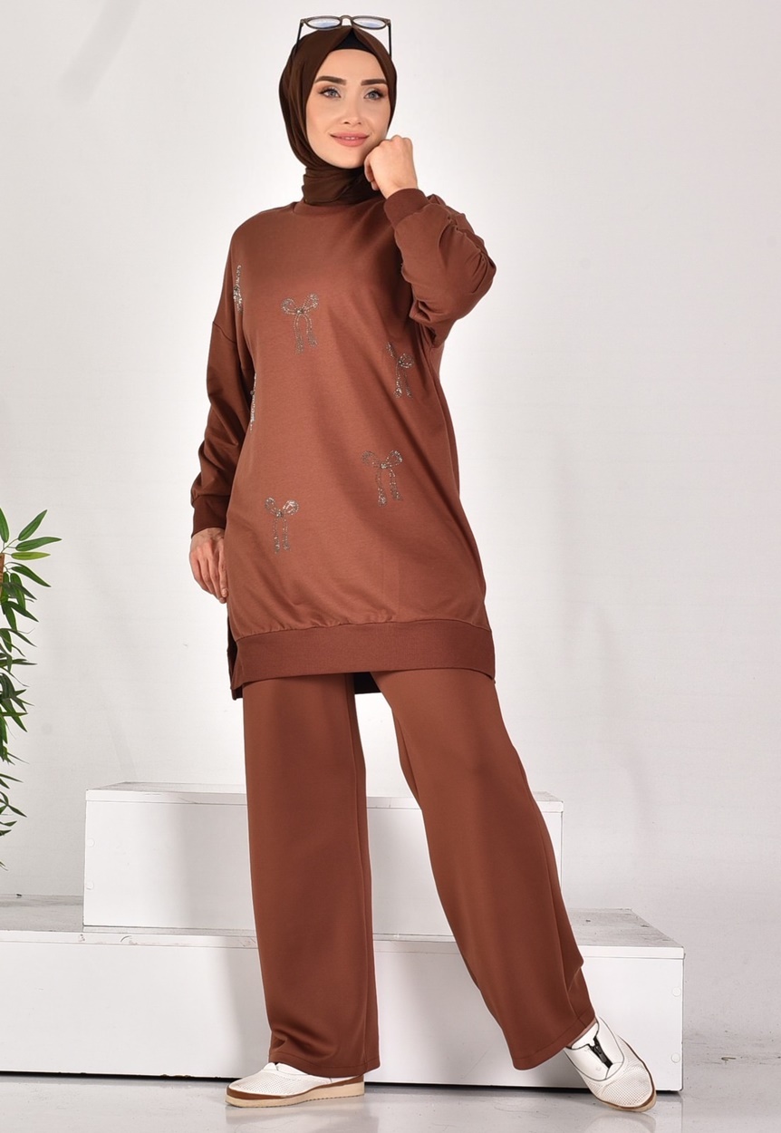 10593 PUANE İKİ İPLİK KUMAŞ TAŞ BASKILI SWEATSHIRT-KAHVE