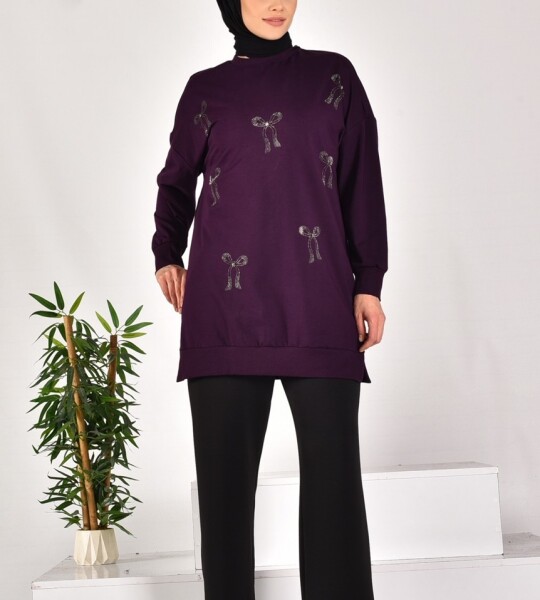 10593 PUANE İKİ İPLİK KUMAŞ TAŞ BASKILI SWEATSHIRT-MOR