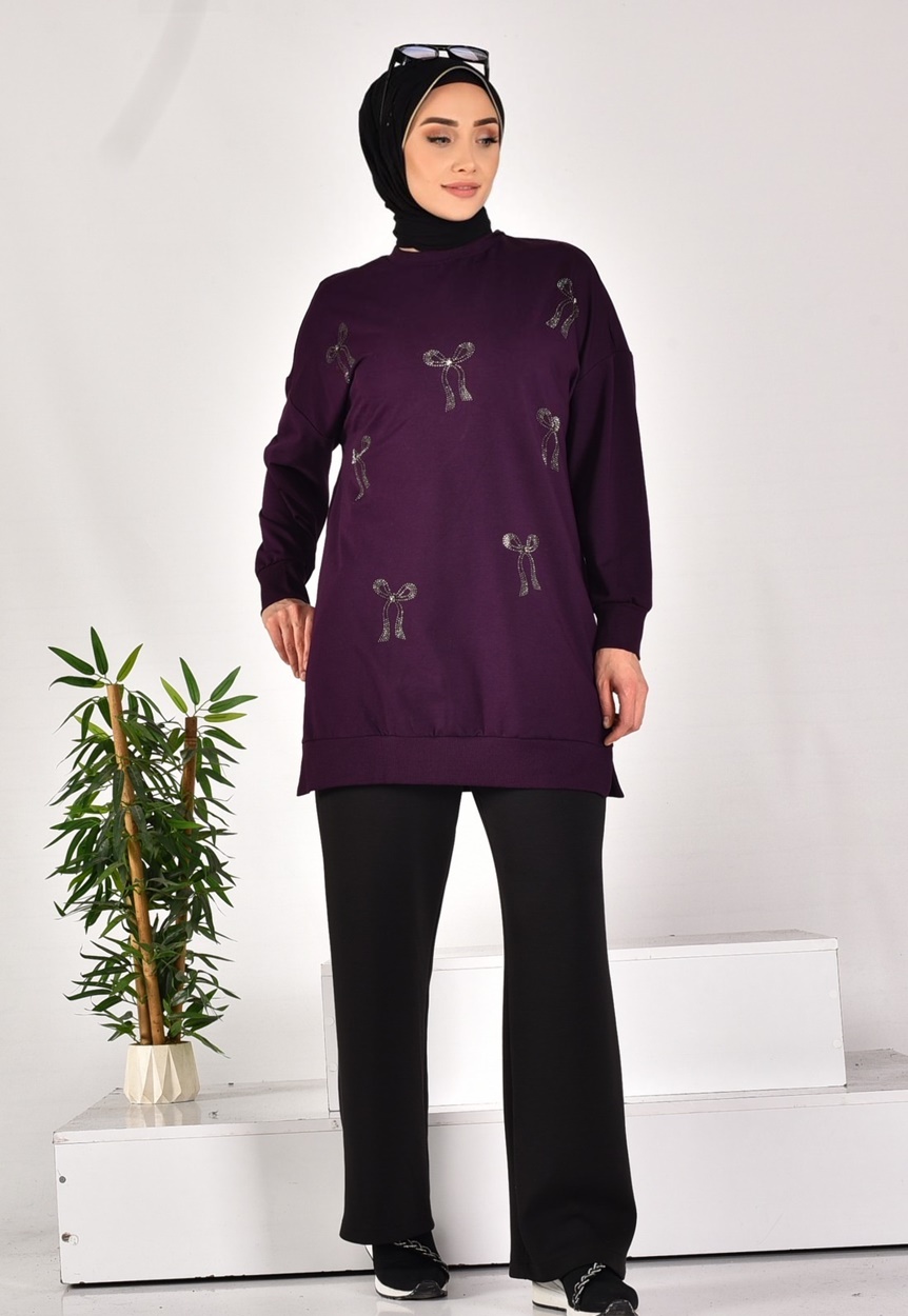 10593 PUANE İKİ İPLİK KUMAŞ TAŞ BASKILI SWEATSHIRT-MOR