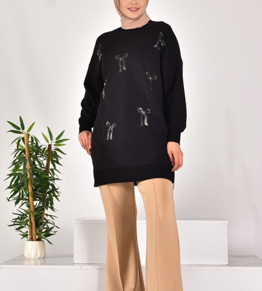 10593 PUANE İKİ İPLİK KUMAŞ TAŞ BASKILI SWEATSHIRT-SİYAH