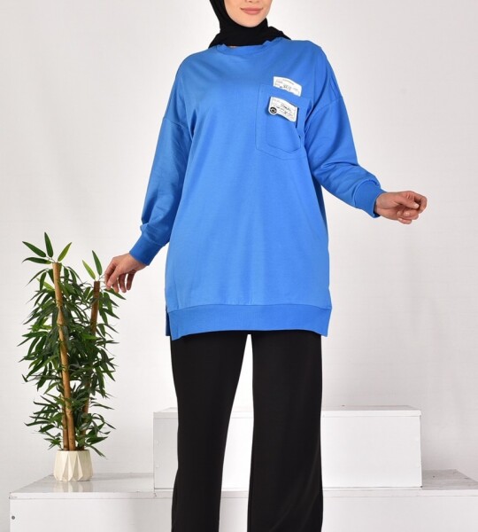 10597 PUANE İKİ İPLİK KUMAŞ CEP VE YAZI DETAYLI SWEATSHIRT-İNDİGO