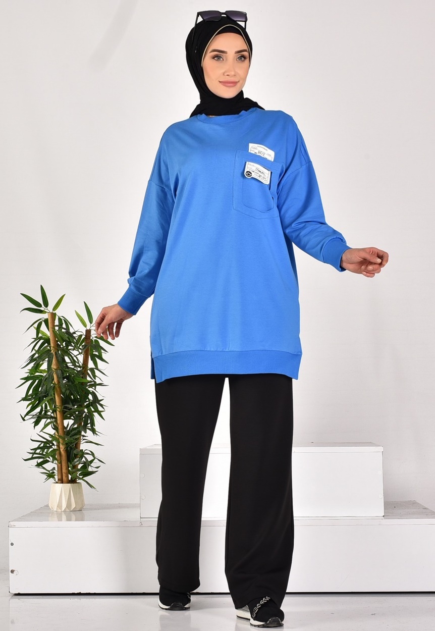 10597 PUANE İKİ İPLİK KUMAŞ CEP VE YAZI DETAYLI SWEATSHIRT-İNDİGO